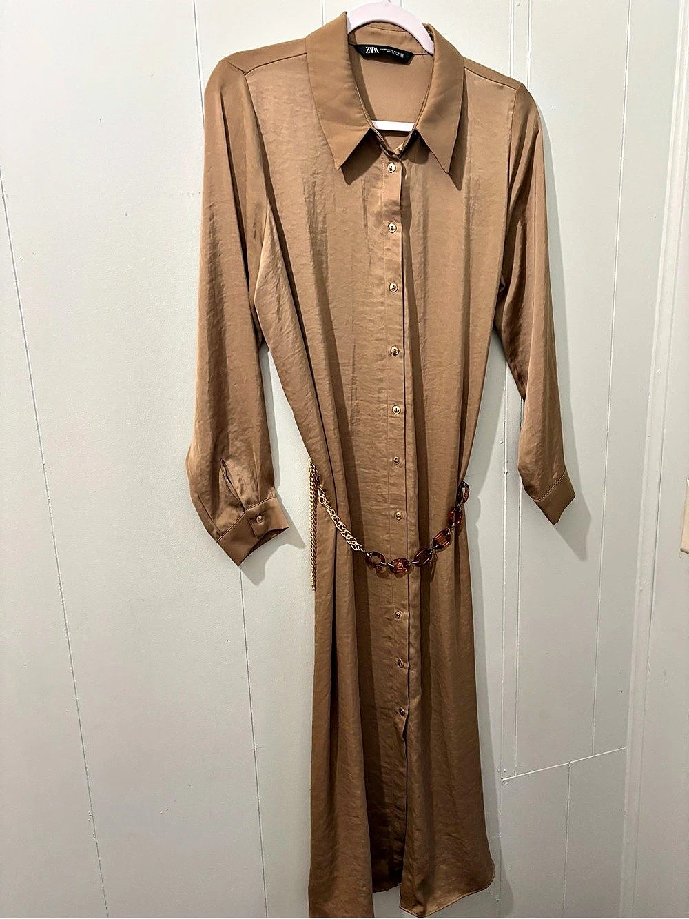 Zara Belted Midi Shirt Dress in Brown Size XS